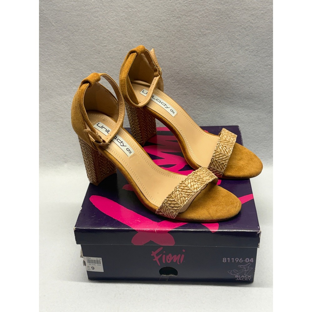 Unilady 9 Christal-16 Tan Faux Suede Woven Block‎ Heel Ankle Strap Sandals 9